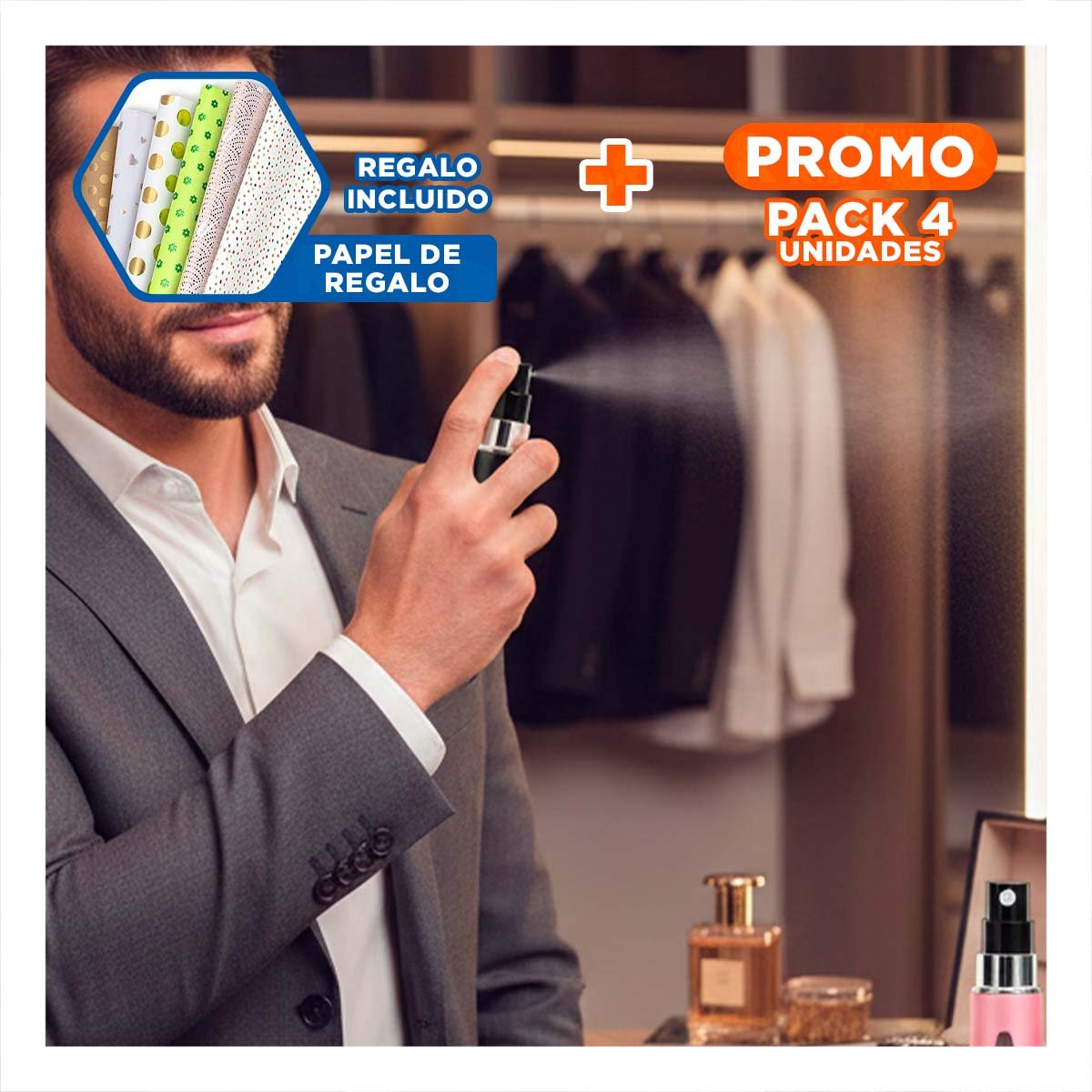 Pack4 Vaporizador Compacto de Fragancia Multicolor Recargable para Cartera Y+Papel Regalo