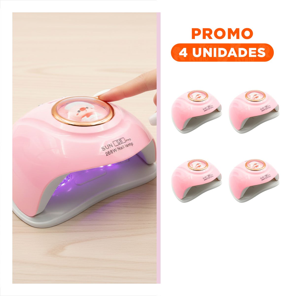 Pack4 Luz Led 2 en 1 Sun S8 Pro Rosado para Uñas Gel Diseno Chancho Y+Regalo Sticker
