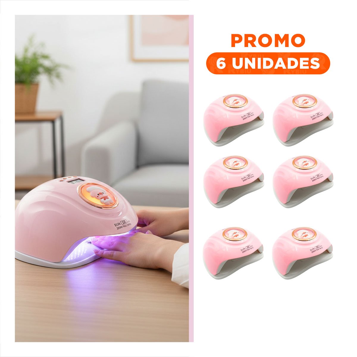 Pack6 Equipo Led 2 en 1 Sun S8 Pro Rosado para Uñas Gel Diseno Chancho
