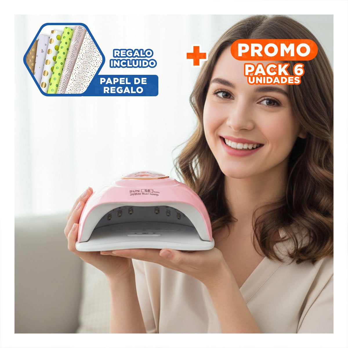 Pack6 Secadora Led 2 en 1 Sun S8 Pro Rosado para Uñas Gel Diseno Chancho Y+Papel Regalo