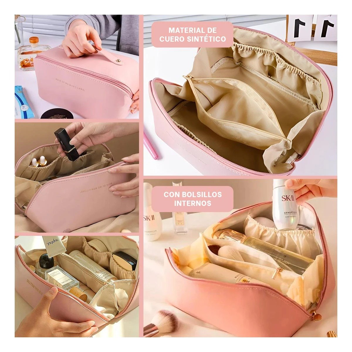 Cosmetiquero Rosado Elegante con Cierre Seguro para Viaje Y+Ligas Regalo