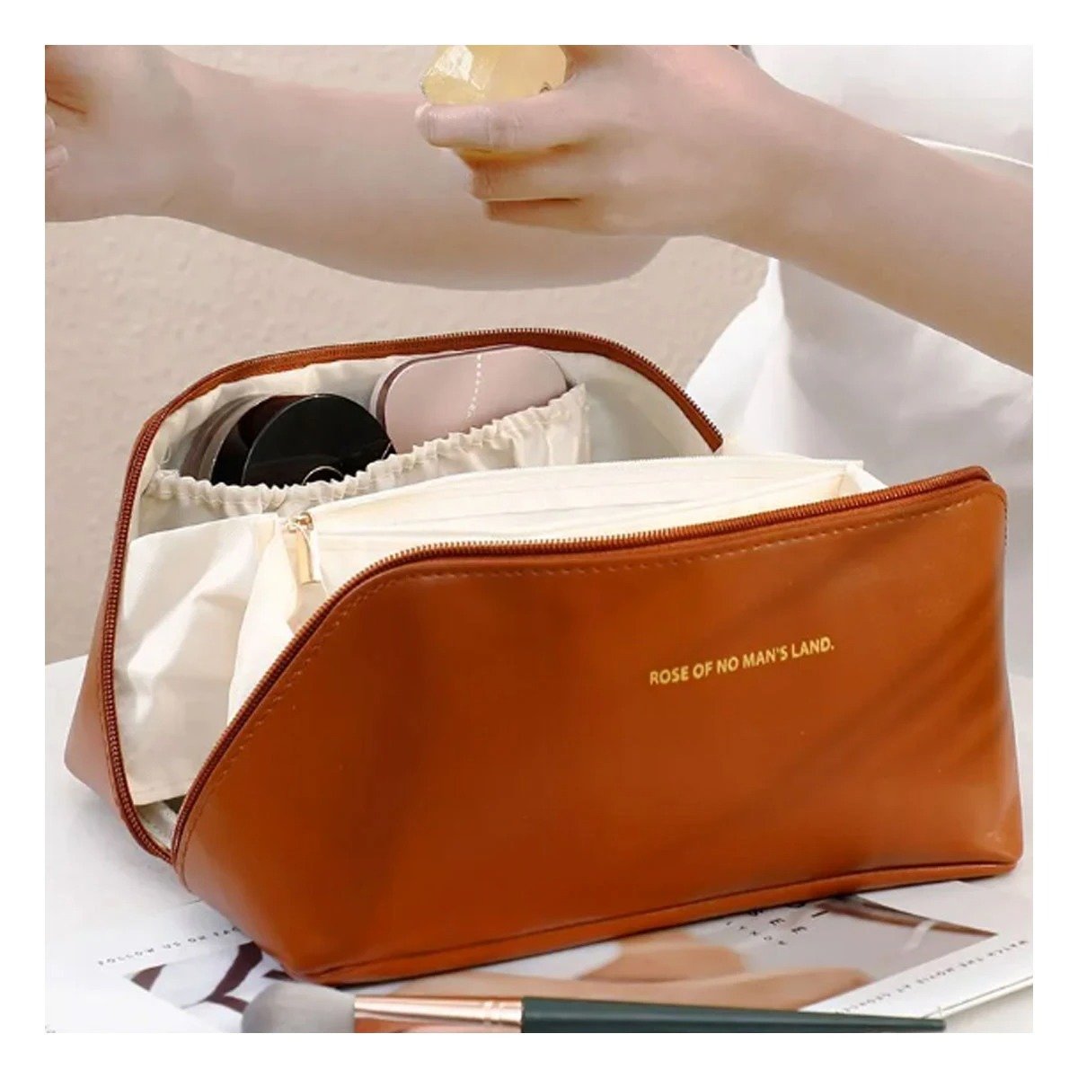 Cosmetiquero Marron Elegante con Cierre Seguro para Viaje Y+Ligas Regalo