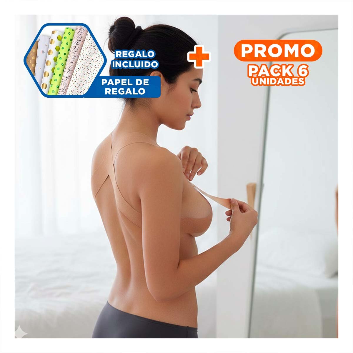 Pack6 Sujetador Adhesivo Nude Levanta Busto para Moda Mujer Ajuste Seguro Y+Papel Regalo