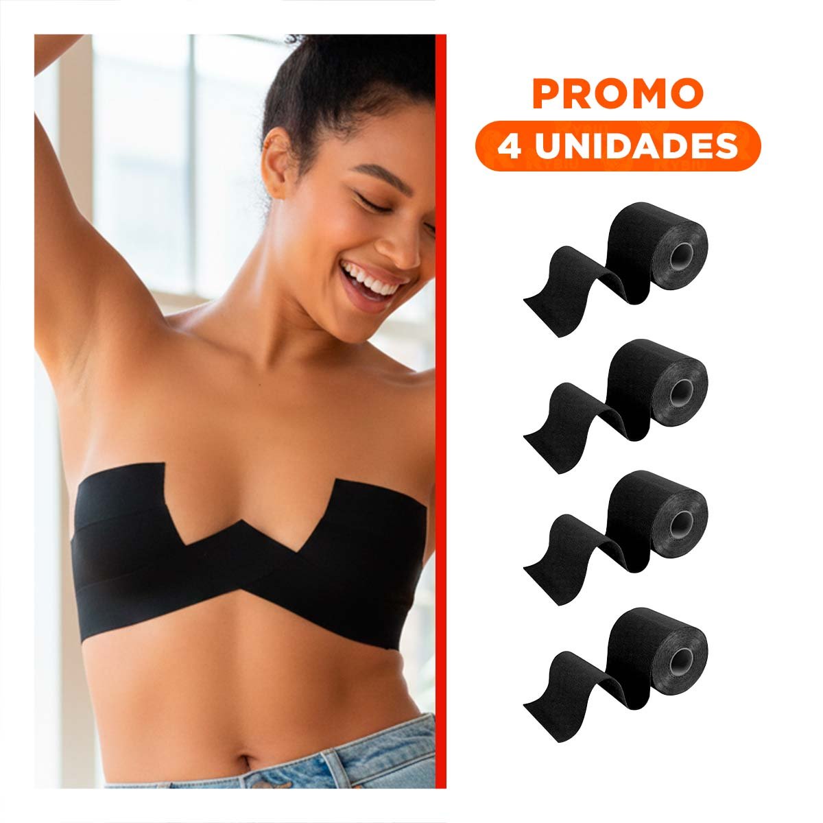 Pack4 Banda Adhesiva Negro Levanta Busto para Moda Mujer Ajuste Comodo Y+Regalo Sticker