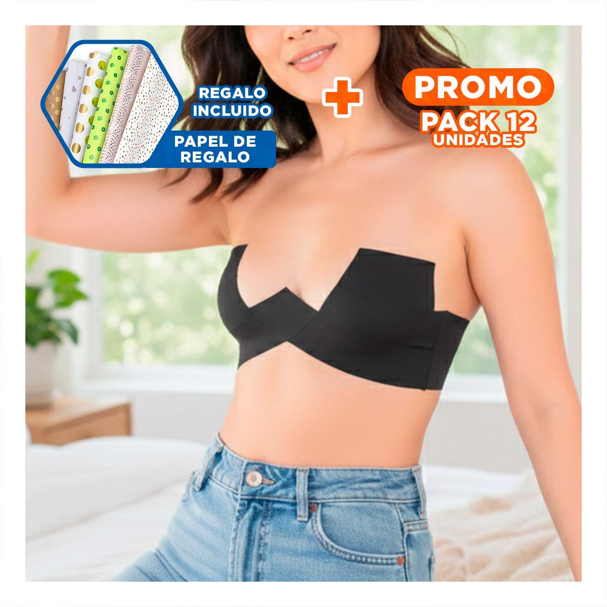 Pack12 Banda para Busto Negro Levanta y Ajusta en Moda Mujer Y+Papel Regalo
