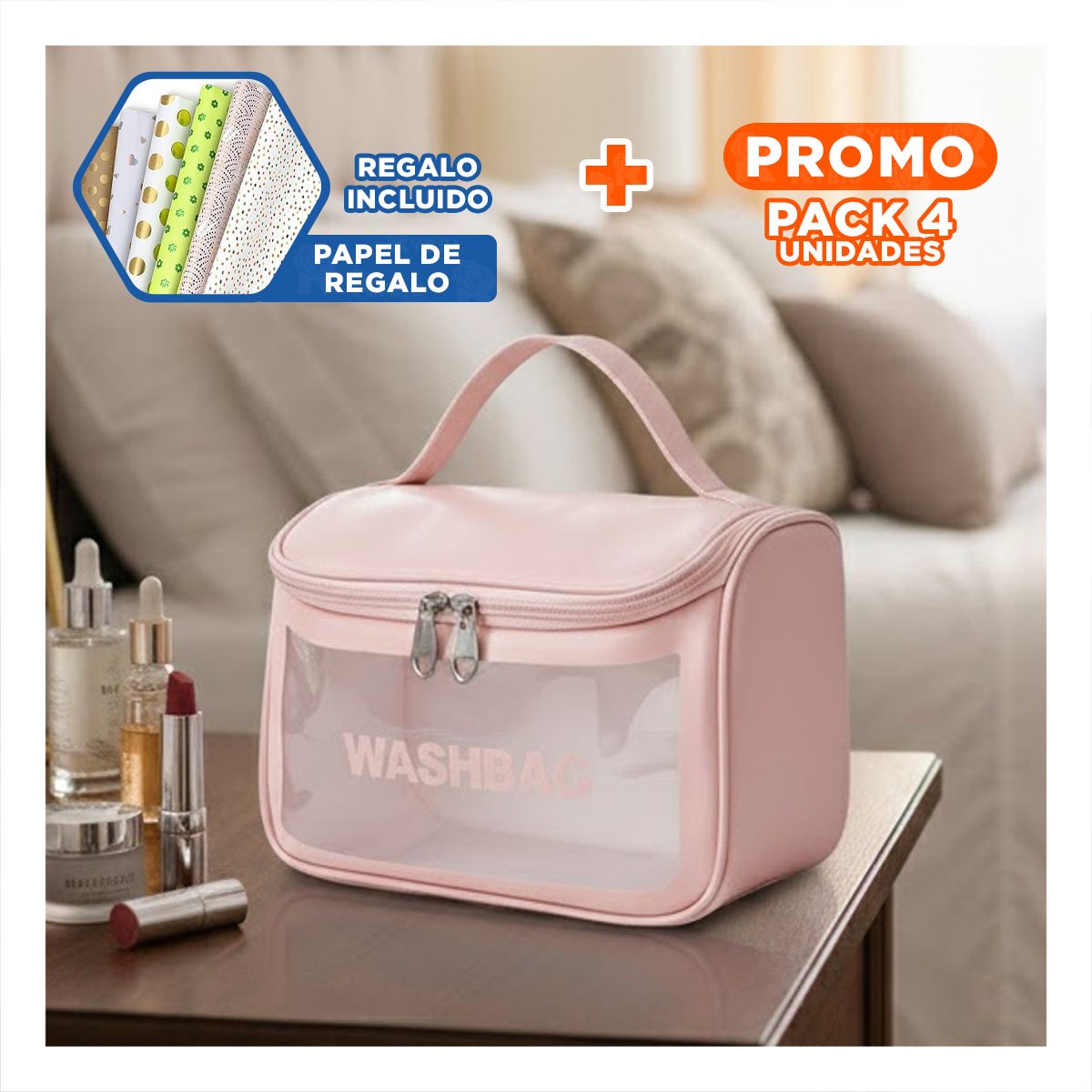 Pack4 Cosmetiquero Rosado Organizador para Accesorios de Maquillaje Y+Papel Regalo