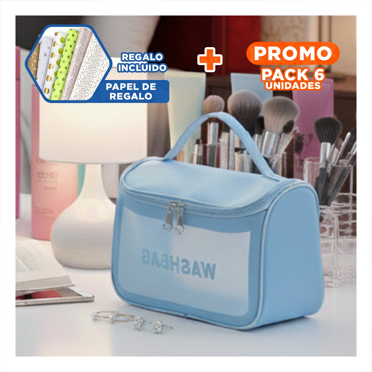 Pack6 Portacosmeticos Celeste Organizador Compacto para Viaje Y+Papel Regalo