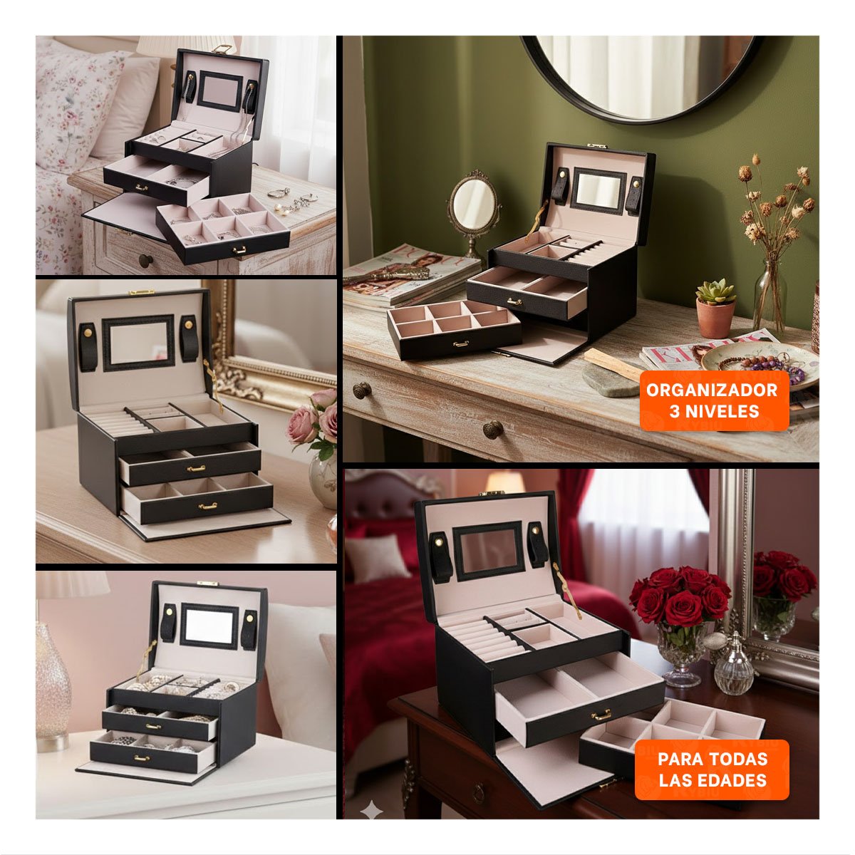 Caja Moderna de 3 Niveles Negra para Accesorios Y+Post It