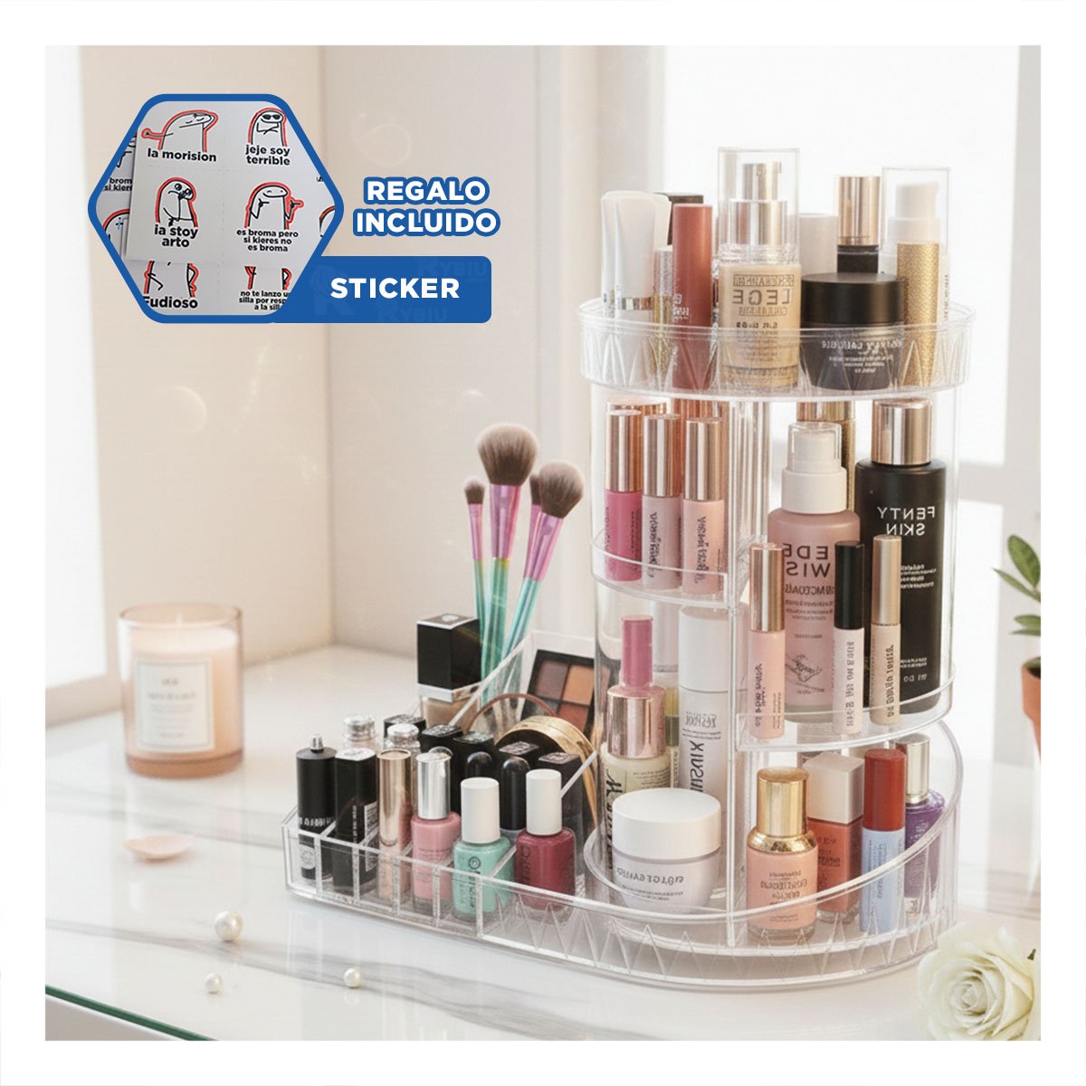 Portacosmeticos de Maquillaje Giratorio 360 Grados Base Cuadrada Y+Regalo Sticker