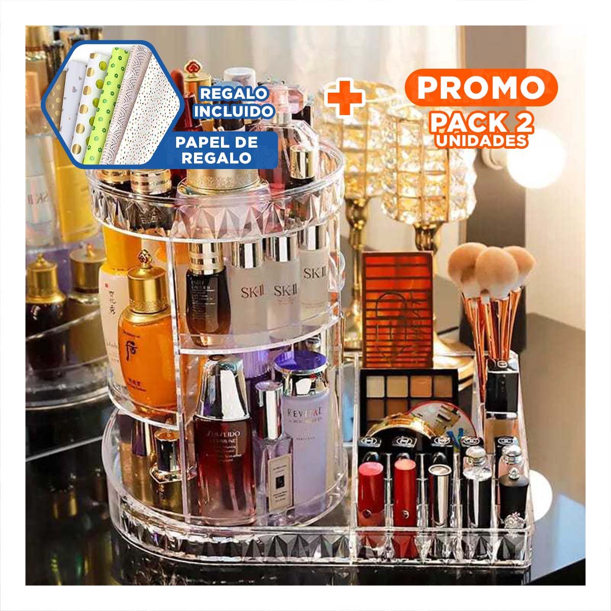Pack2 Portacosmeticos Transparente 360 Grados Base Cuadrada Hogar Y+Papel Regalo