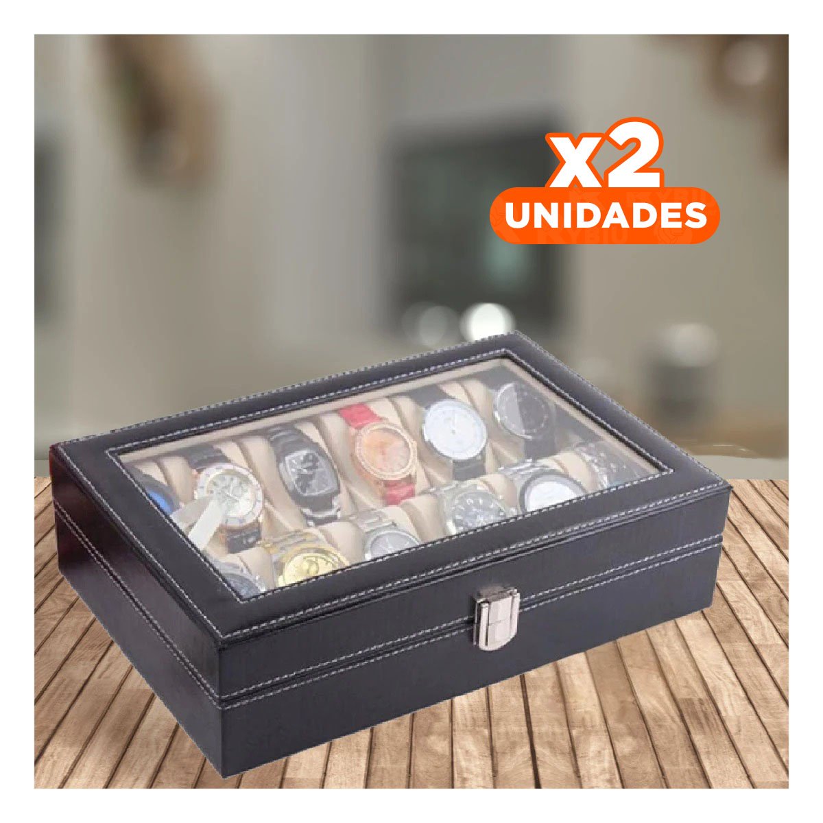 Pack2 Estuche Elegante de 12 Ranuras Negro para Relojes Y+Regalo Sticker