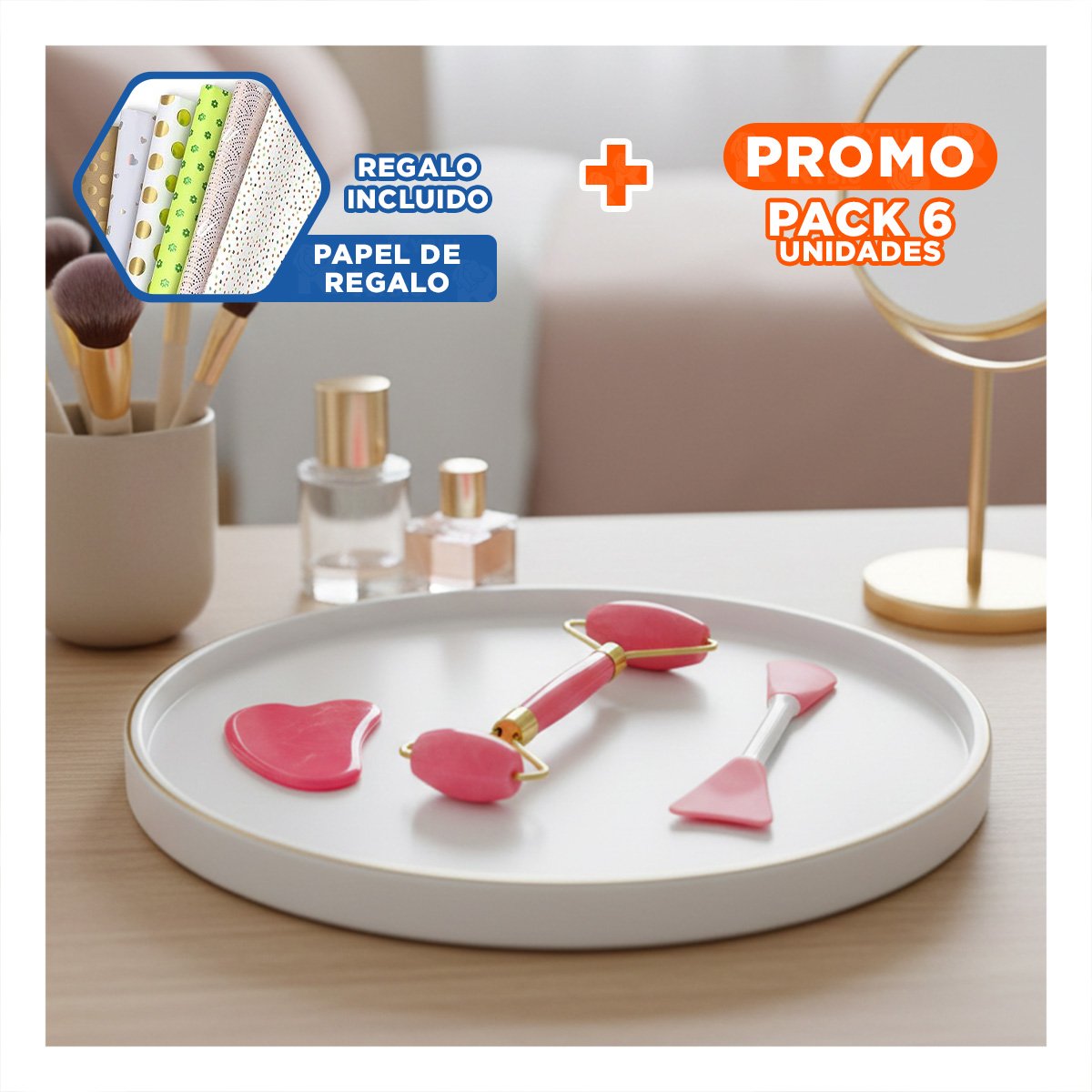 Pack6 Set Belleza 3 de Limpieza Facial Plastico Rosado para Mujer Y+Papel Regalo