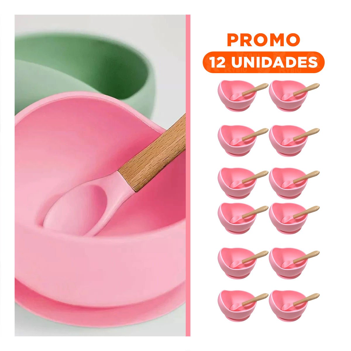 Pack12 Bol para Bebe de Silicona Rosado con Cuchara Facil Y+Regalo Sticker