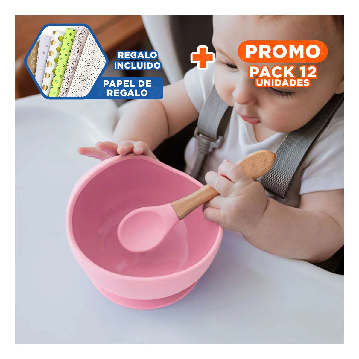 Pack12 Recipiente para Bebe de Silicona Rosado con Cuchara Practico Y+Papel Regalo