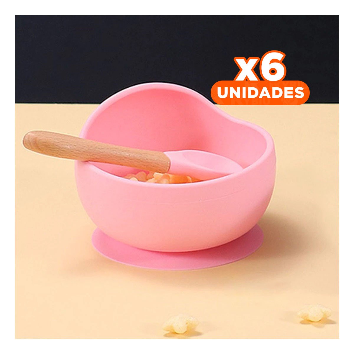 Pack6 Plato para Bebe de Silicona Rosado con Cuchara Seguro Y+Regalo Sticker