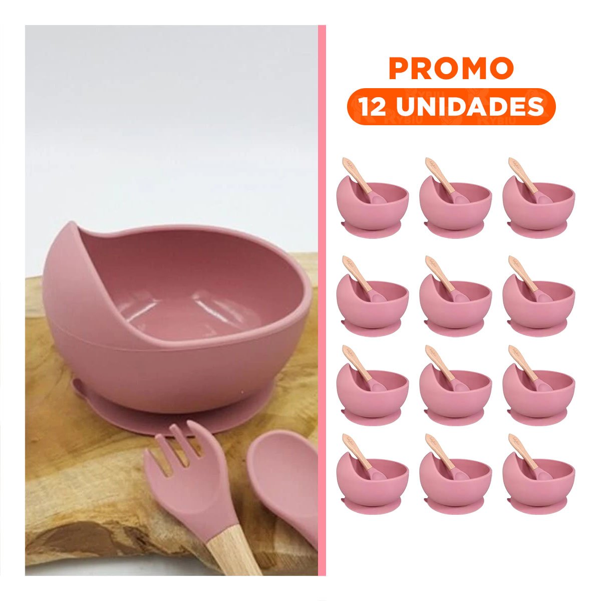 Pack12 Set de Cuenco Plato y Cuchara para Bebe Rosa Oscuro Seguro Y+Regalo Sticker