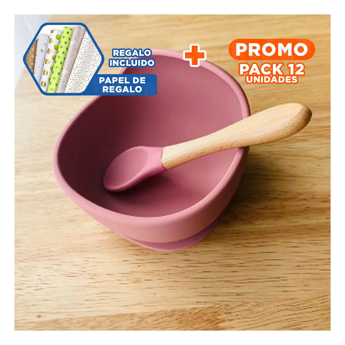 Pack12 Cuenco de Silicona y Plato con Cuchara para Bebe Rosa Oscuro Ligero Y+Papel Regalo