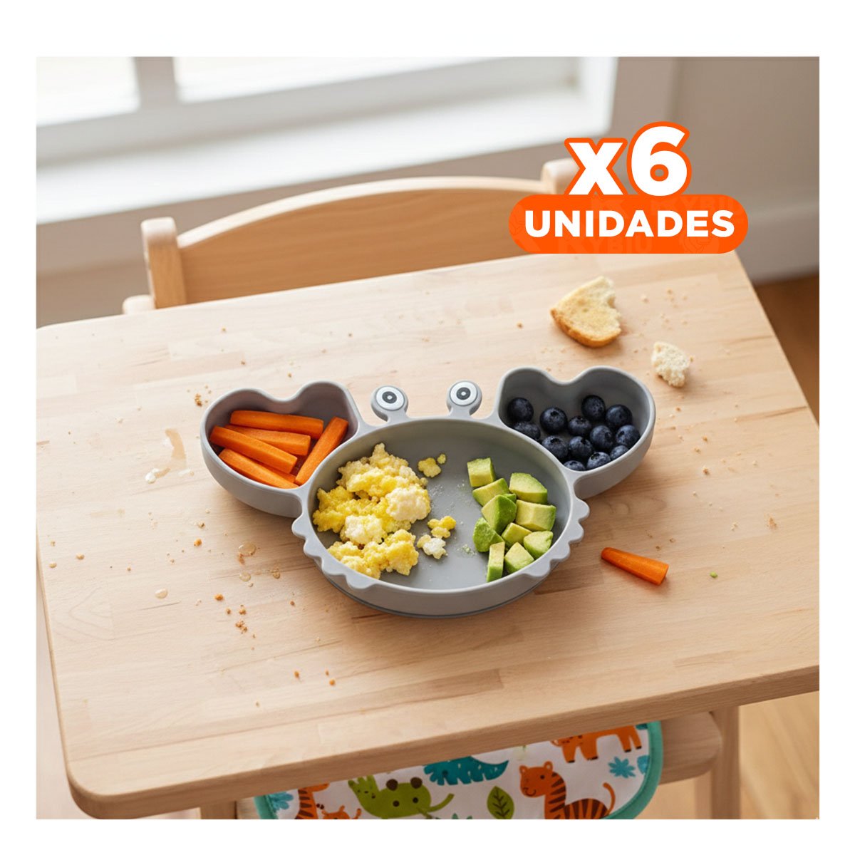 Pack6 Plato Cuenco y cuchara Silicona Cangrejo para Bebe Plomo Liviano Y+Regalo Sticker