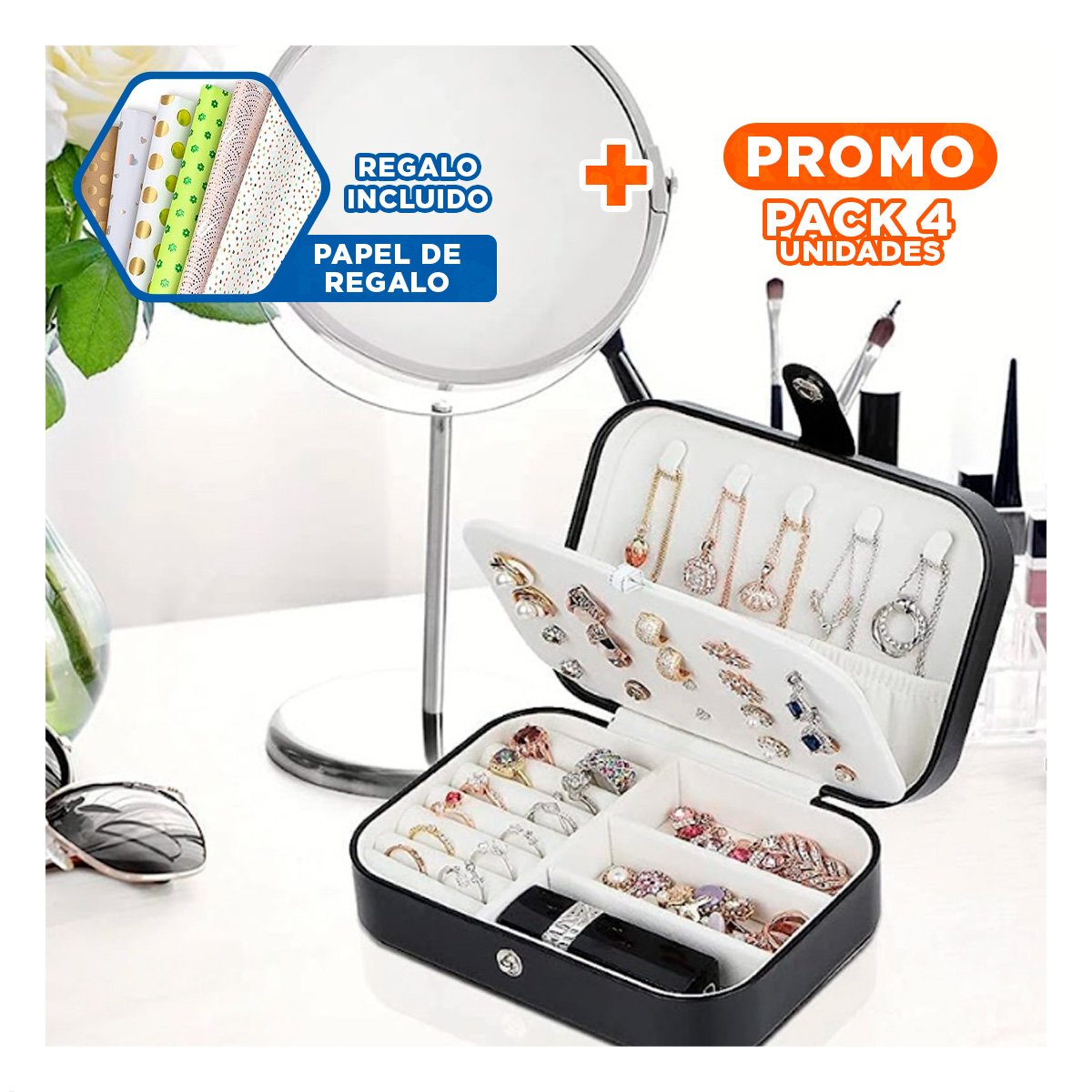 Pack4 Organizador Negro 16x11x5 cm Multiples Compartimientos Internos Y+Papel Regalo