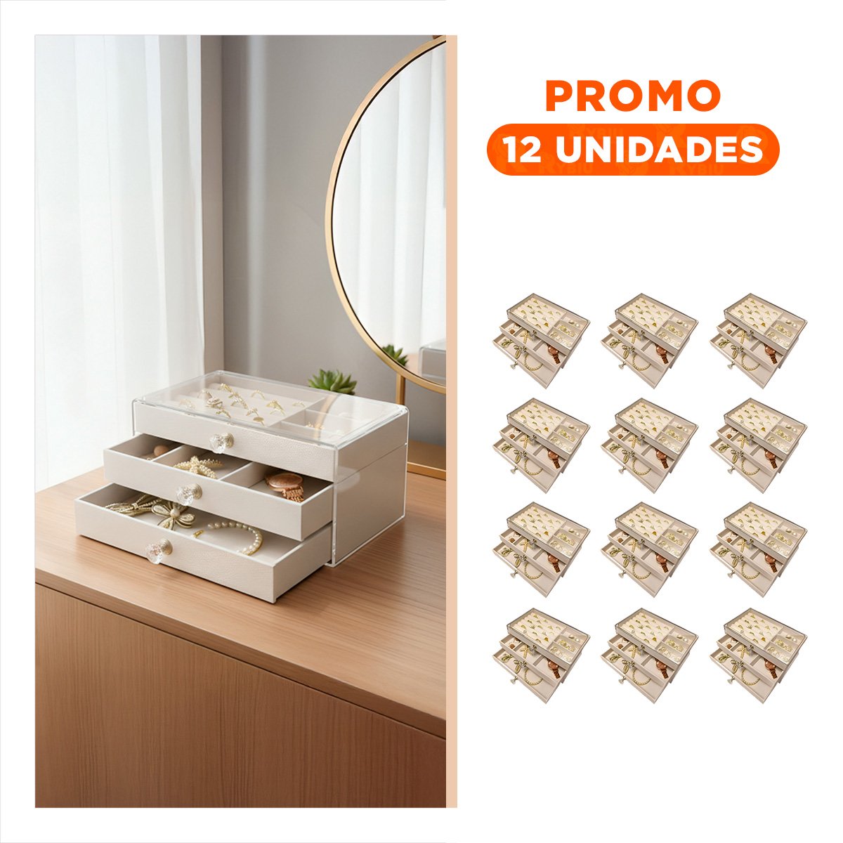 Pack12 Cofre Compacto 3 Niveles Terciopelo Beige para Joyeria Y+Regalo Sticker