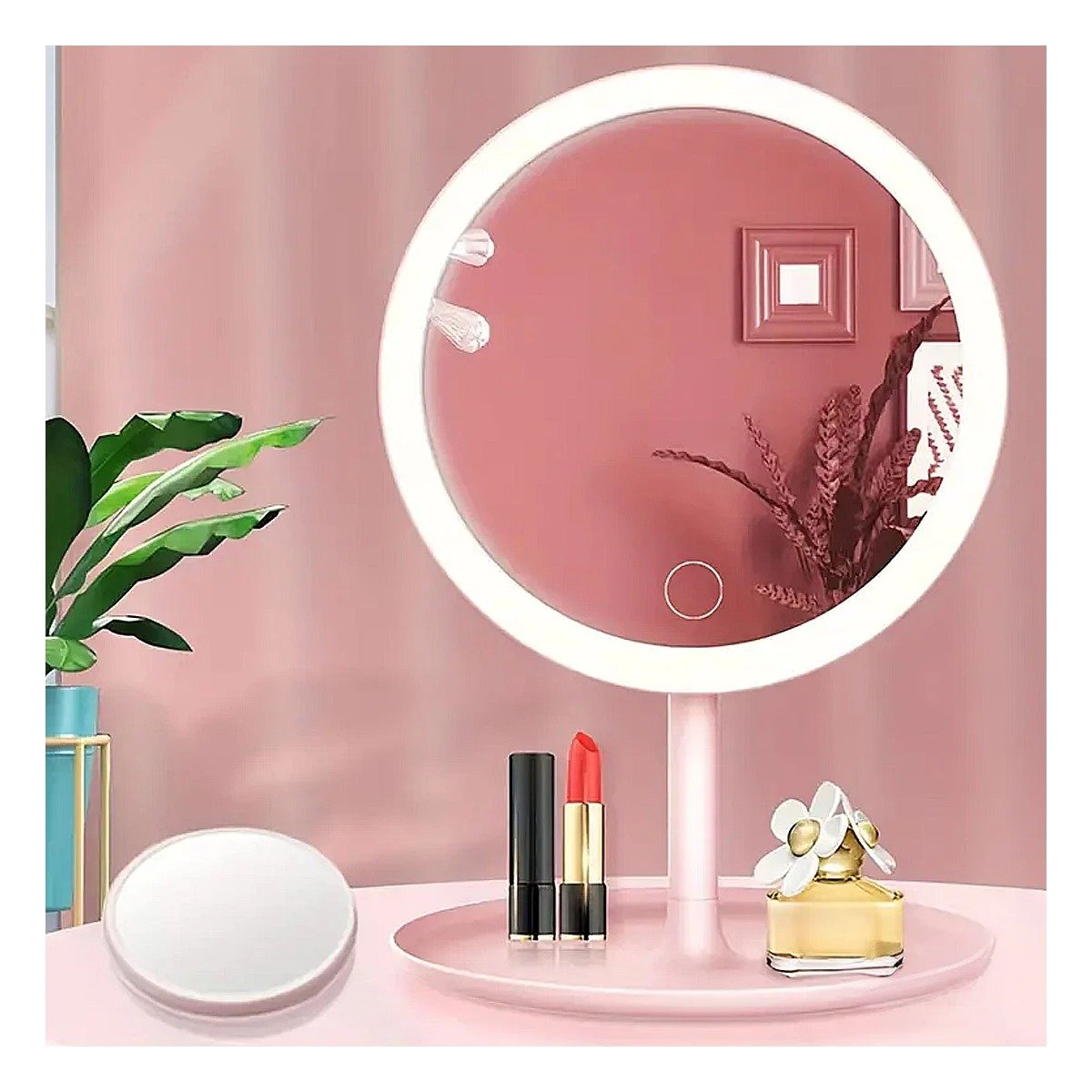 Visor Decorativo LED Tactil Circular Rosado con Base Resistente