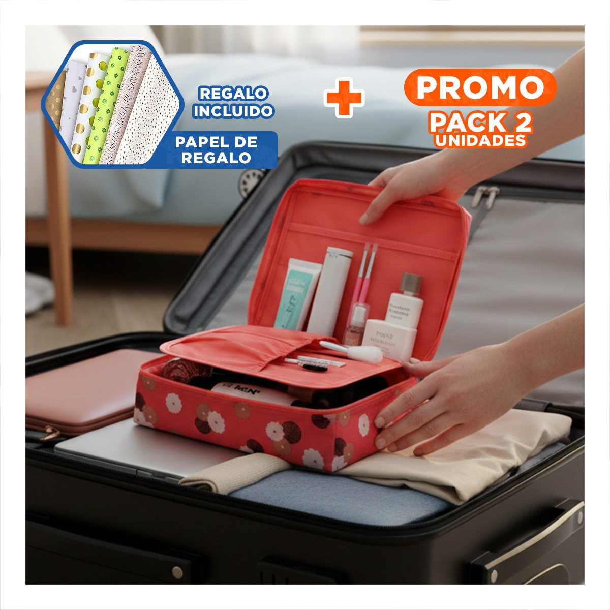 Pack2 Estuche Compacto 20x15 cm Coral con Diseño Flores Elegante Y+Papel Regalo