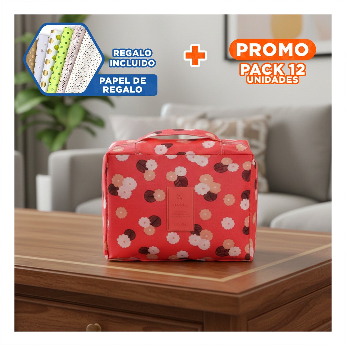 Pack12 Cosmetiquero Practico 20x15 cm Coral Diseño Flores para Viaje Y+Papel Regalo