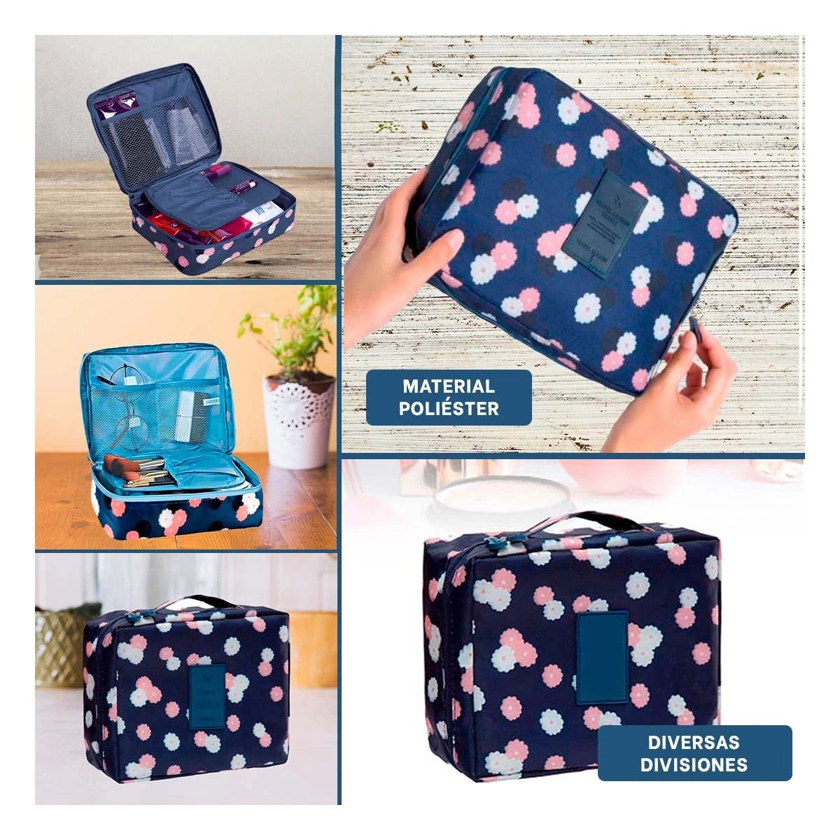 Neceser de Viaje 20x15CM Azul con Diseño Flores para Mujer Y+Post It