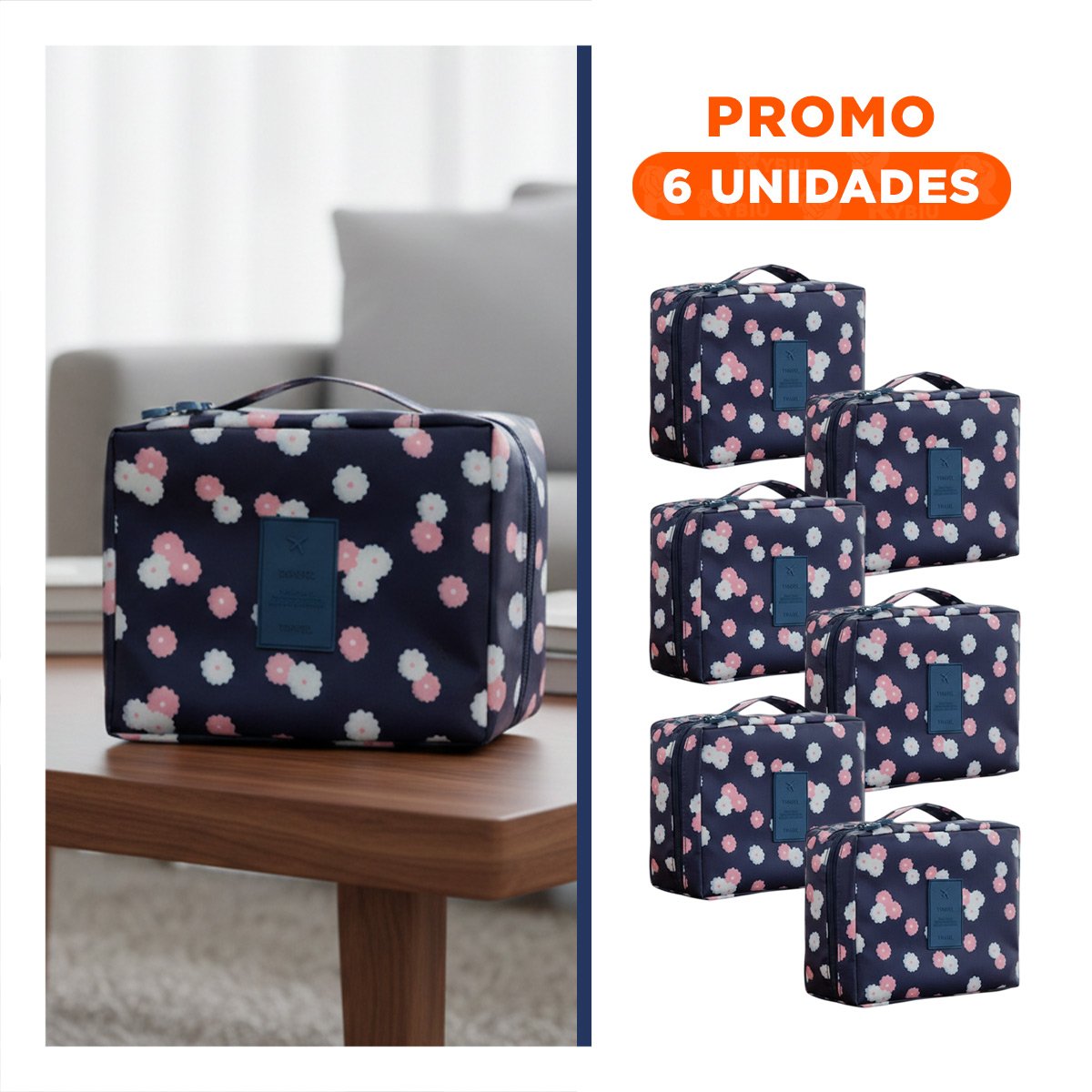 Pack6 Neceser Practico 20x15CM Azul con Diseño Flores para Uso Diario