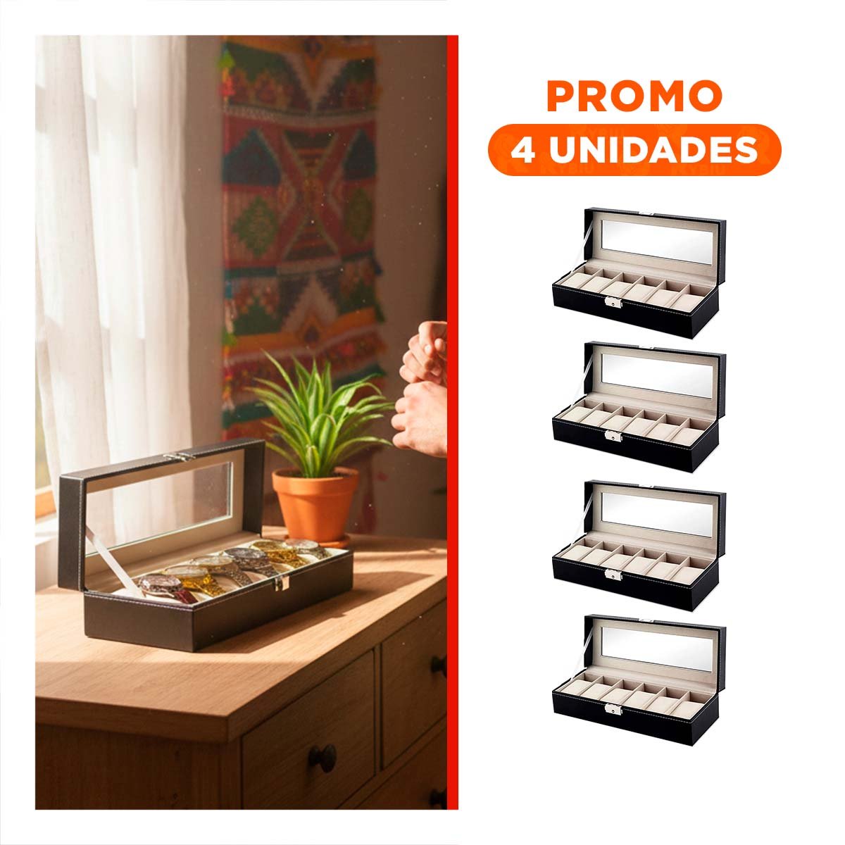 Pack4 Caja Negro 6 Ranuras para Reloj con Compartimentos Y+Regalo Sticker