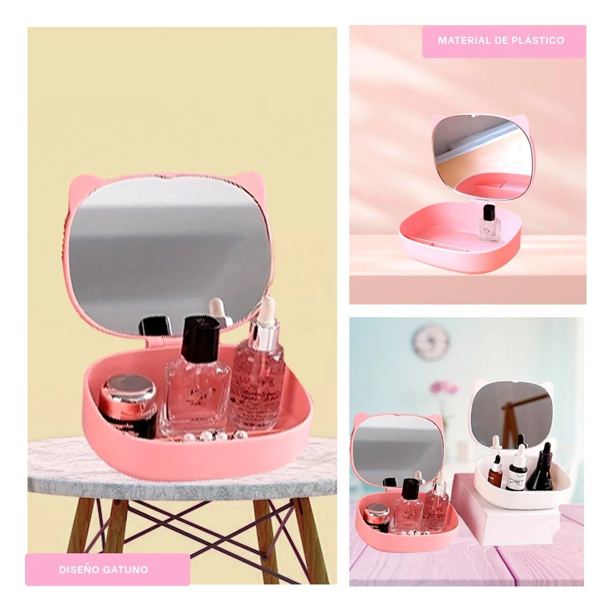 Organizador en Color Rosado con Espejo Gato y Areas Organizadas Y+Post It