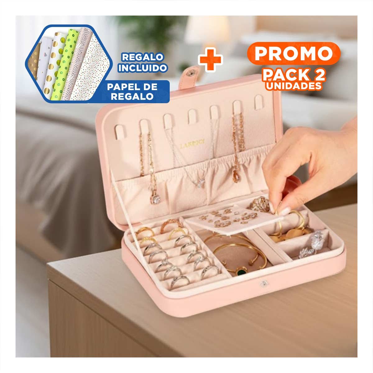 Pack2 Estuche para Joyas 22x14 cm Rosado con Compartimientos Internos Y+Papel Regalo