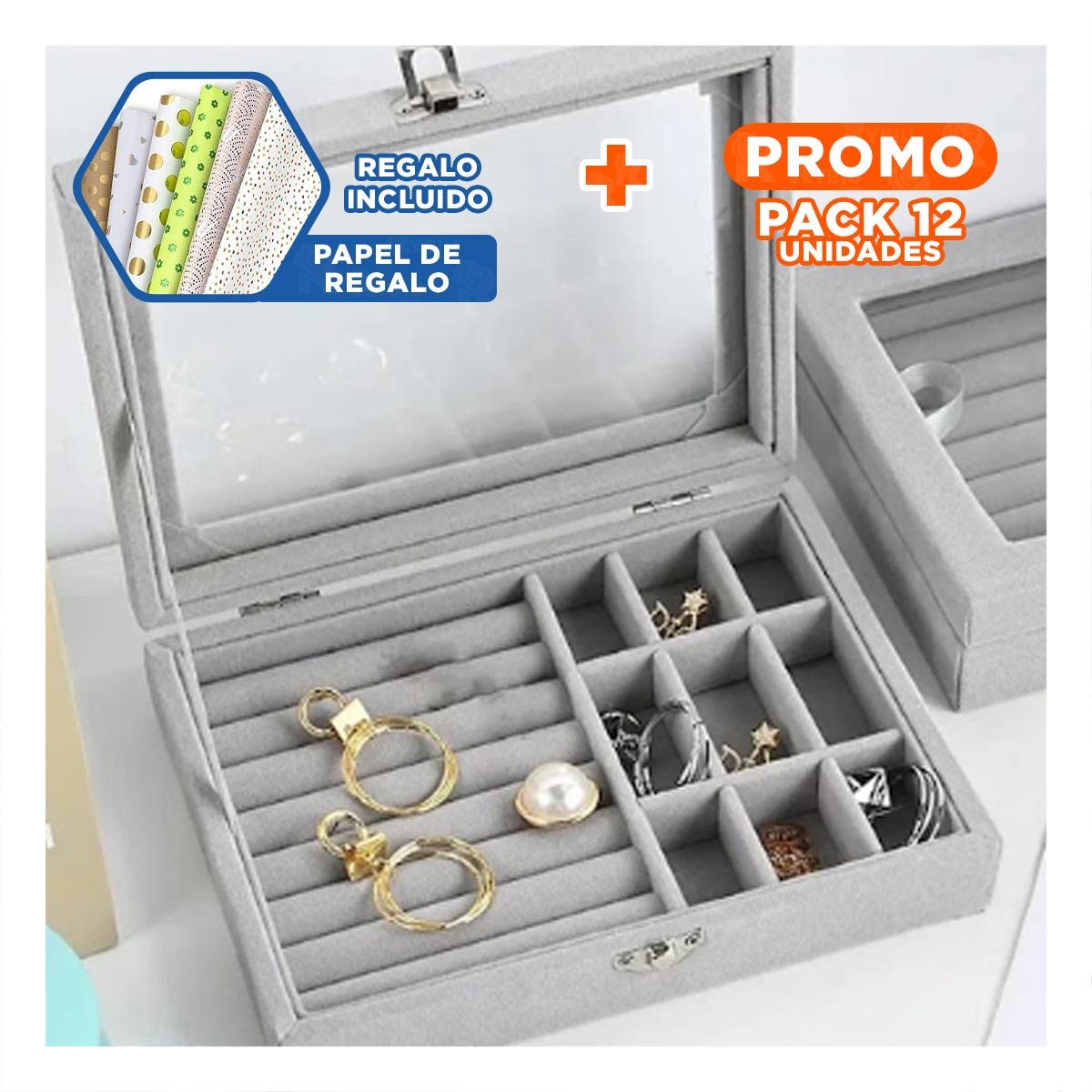 Pack12 Caja para Joyas Multifuncional Gris con Espacios para Anillos y Collares Y+Papel Regalo