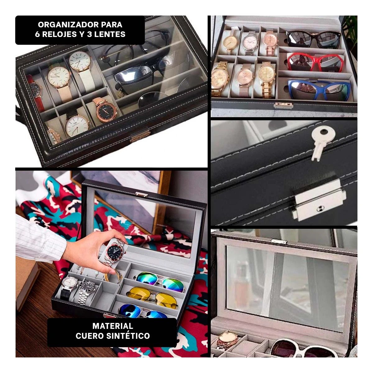 Caja para 6 Relojes y 3 Lentes Negro con Compartimientos Amplios Y+Post It