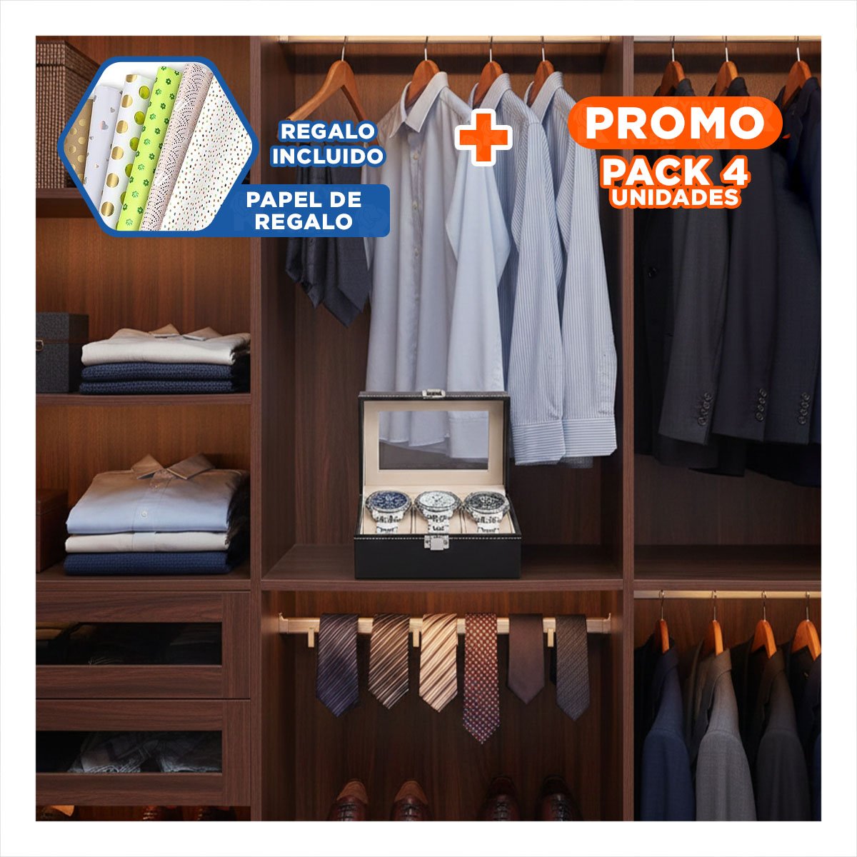 Pack4 Guarda Relojes Negro para 3 Piezas con Forro Protector Y+Papel Regalo