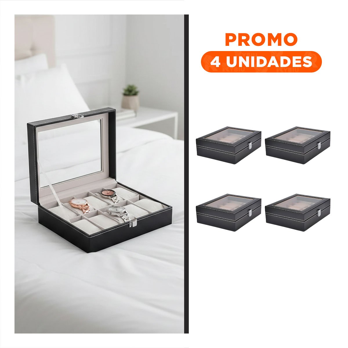 Pack4 Exhibidor Elegante para 10 Relojes Negro con Interior Suave Y+Regalo Sticker