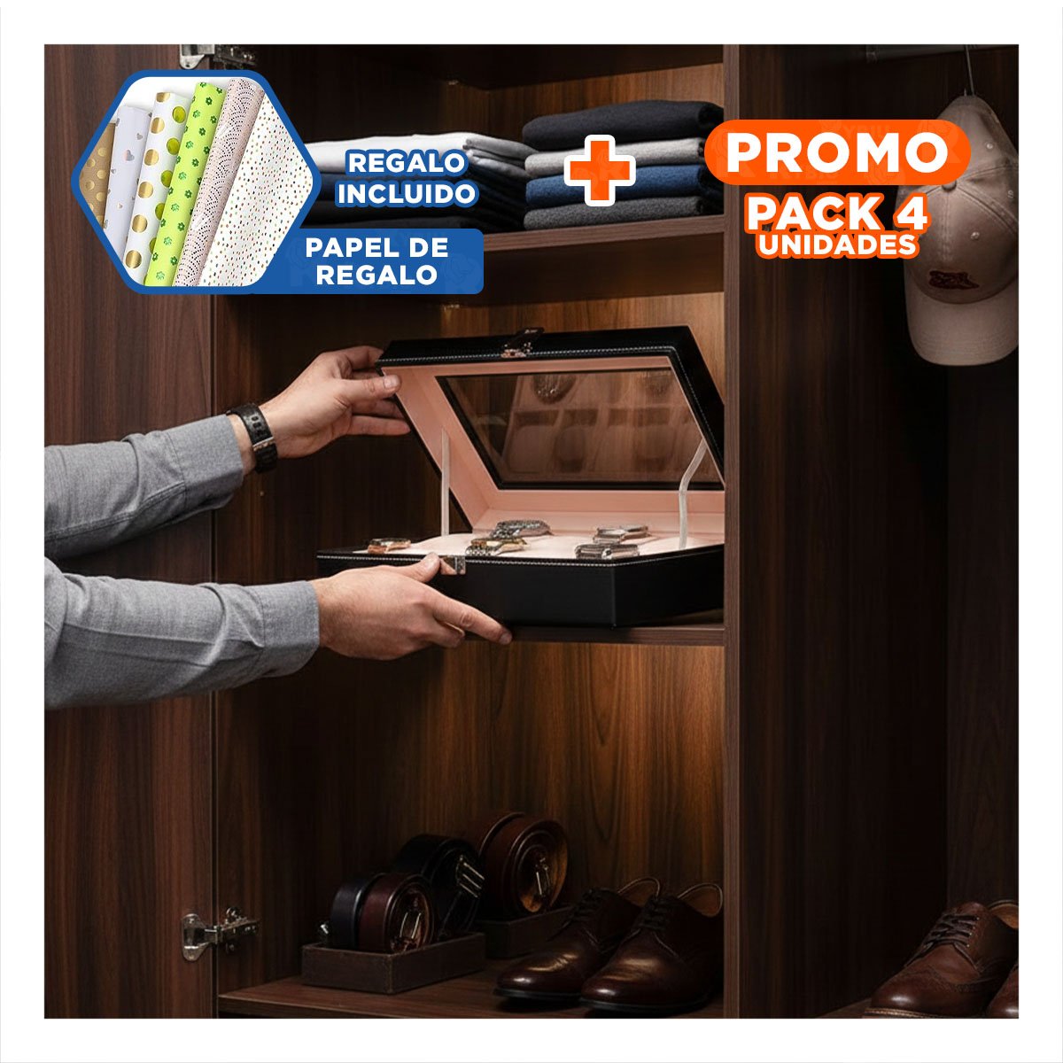 Pack4 Exhibidor para 10 Relojes Color Negro Y+Papel Regalo