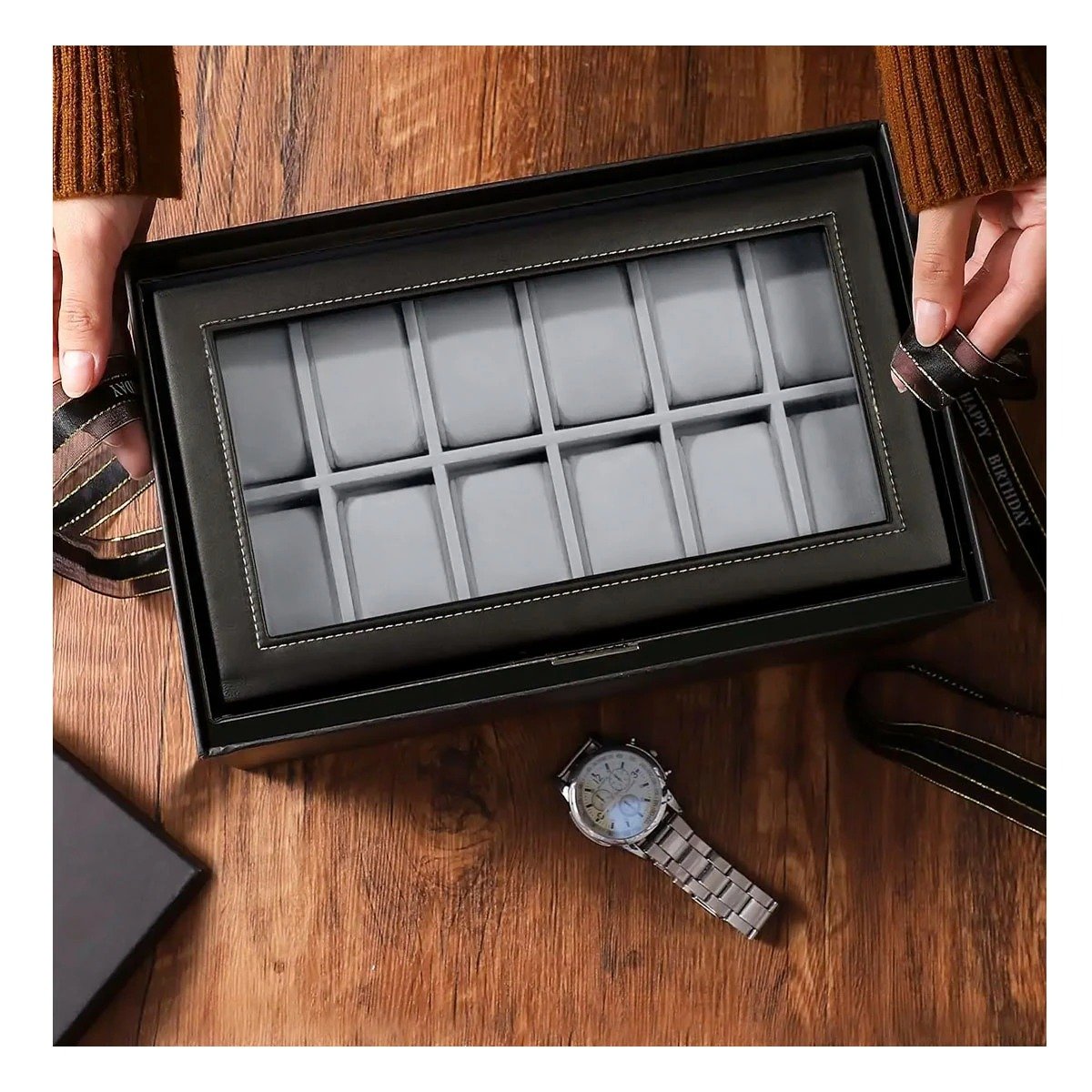 Estuche Exhibidor Negro 2 Niveles para 12 Relojes Pulseras y Anillos Y+Ligas Regalo