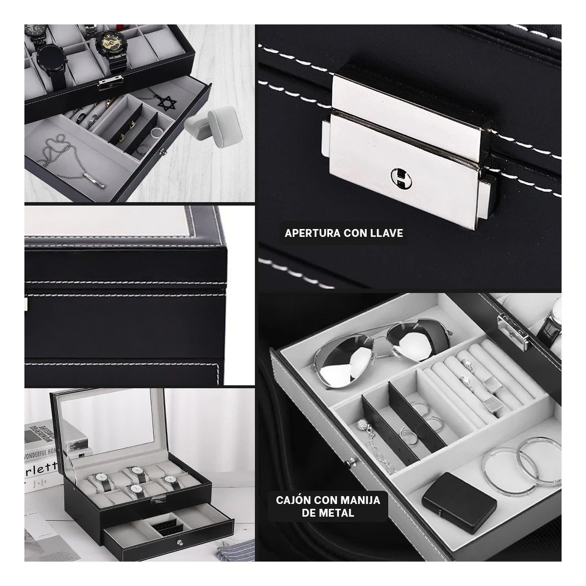 Cofre Porta Relojes 2 Niveles para 12 Relojes Pulseras y Anillos Y+Post It