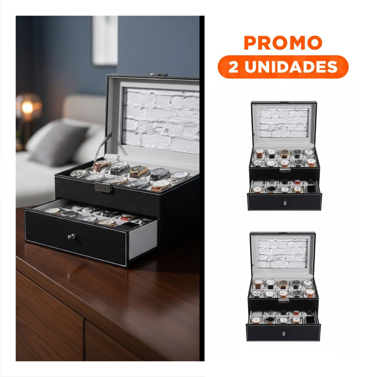 Pack2 Cofre Organizador Negro con 2 Niveles para 12 Relojes Pulseras