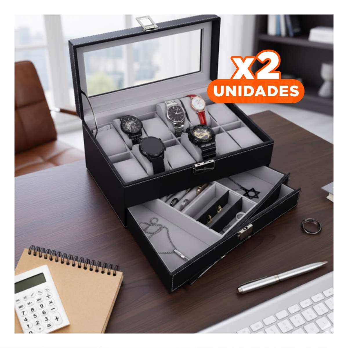 Pack2 Cofre Exhibidor Elegante para 12 Relojes con 2 Niveles Negro Y+Regalo Sticker