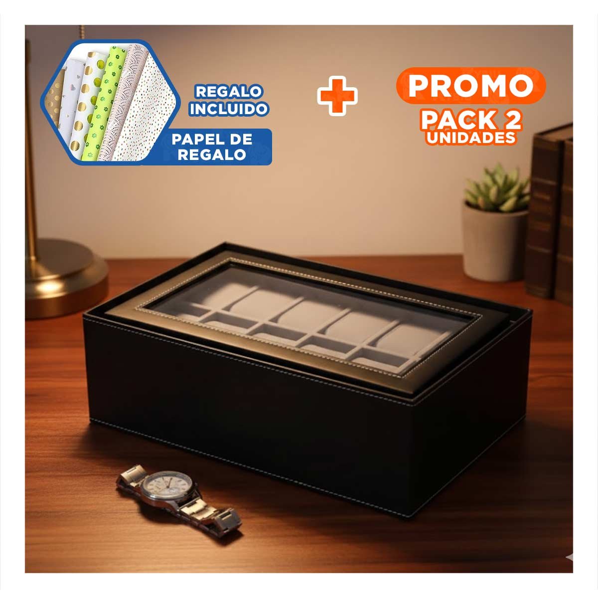 Pack2 Cofre de Joyas 2 Niveles para 12 Relojes Pulseras y Anillos Y+Papel Regalo