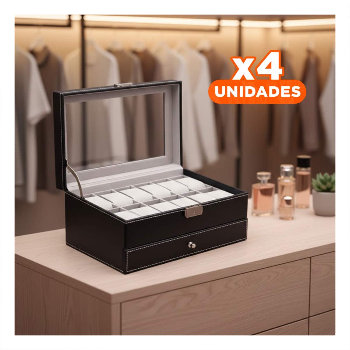 Pack4 Cofre Compacto 2 Niveles para 12 Relojes Pulseras y Anillos