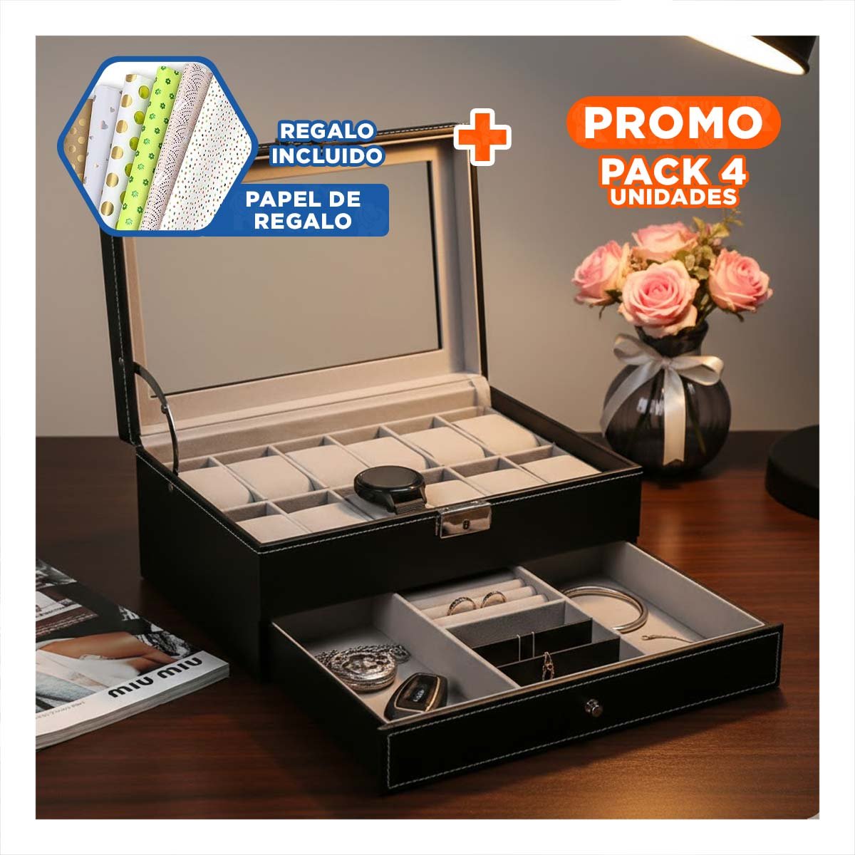 Pack4 Baul Porta Relojes con 2 Niveles para 12 Relojes Pulseras y Anillos Y+Papel Regalo