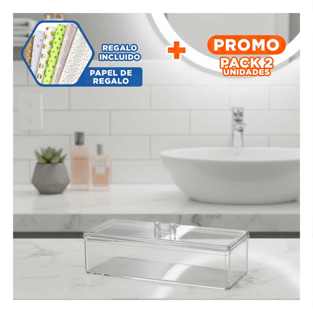 Pack2 Deposito Transparente Acrilico 1 Piso con Tapa Practica Y+Papel Regalo