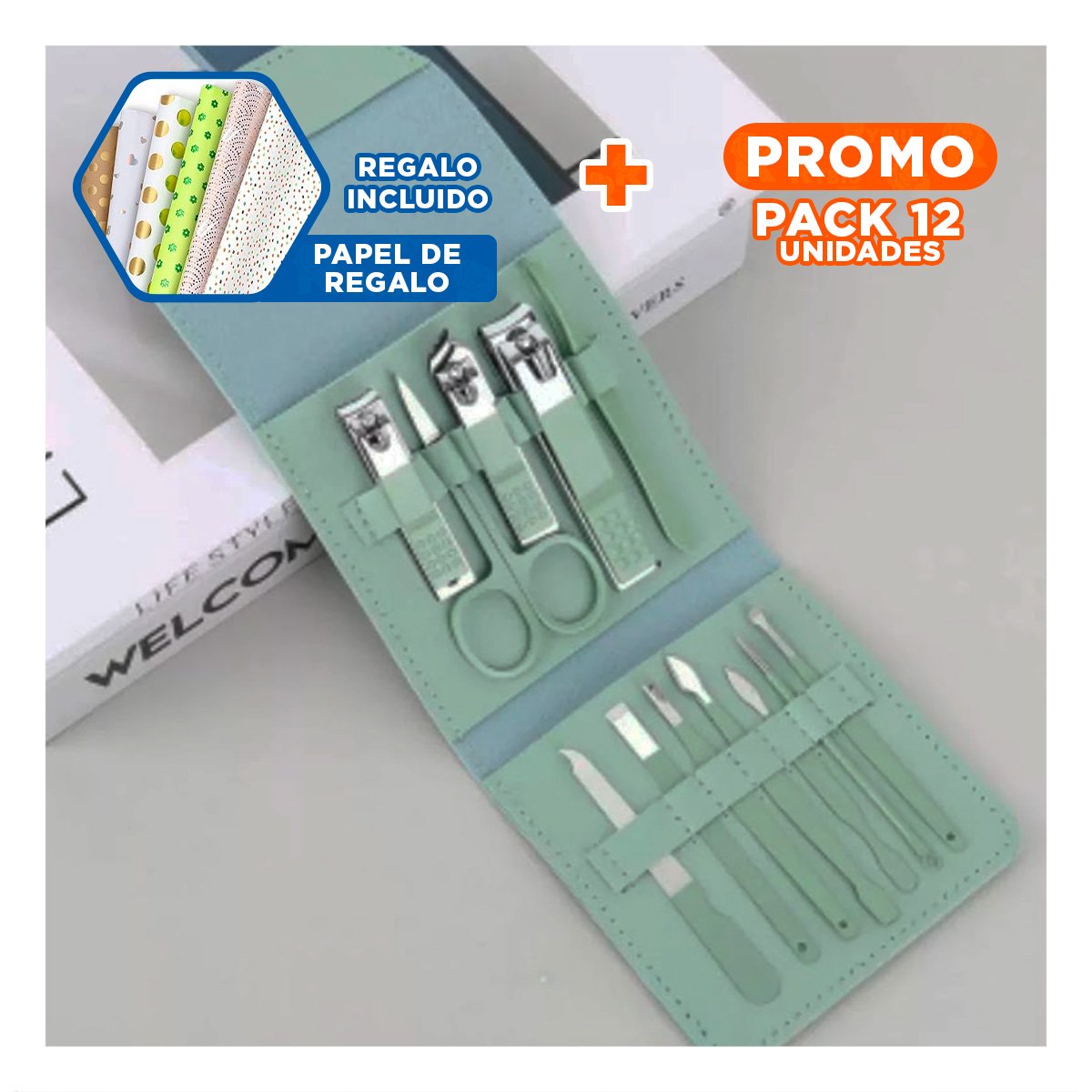 Pack12 Accesorios Completos 12 Piezas Manicure y Pedicure Verde Para Casa Y+Papel Regalo