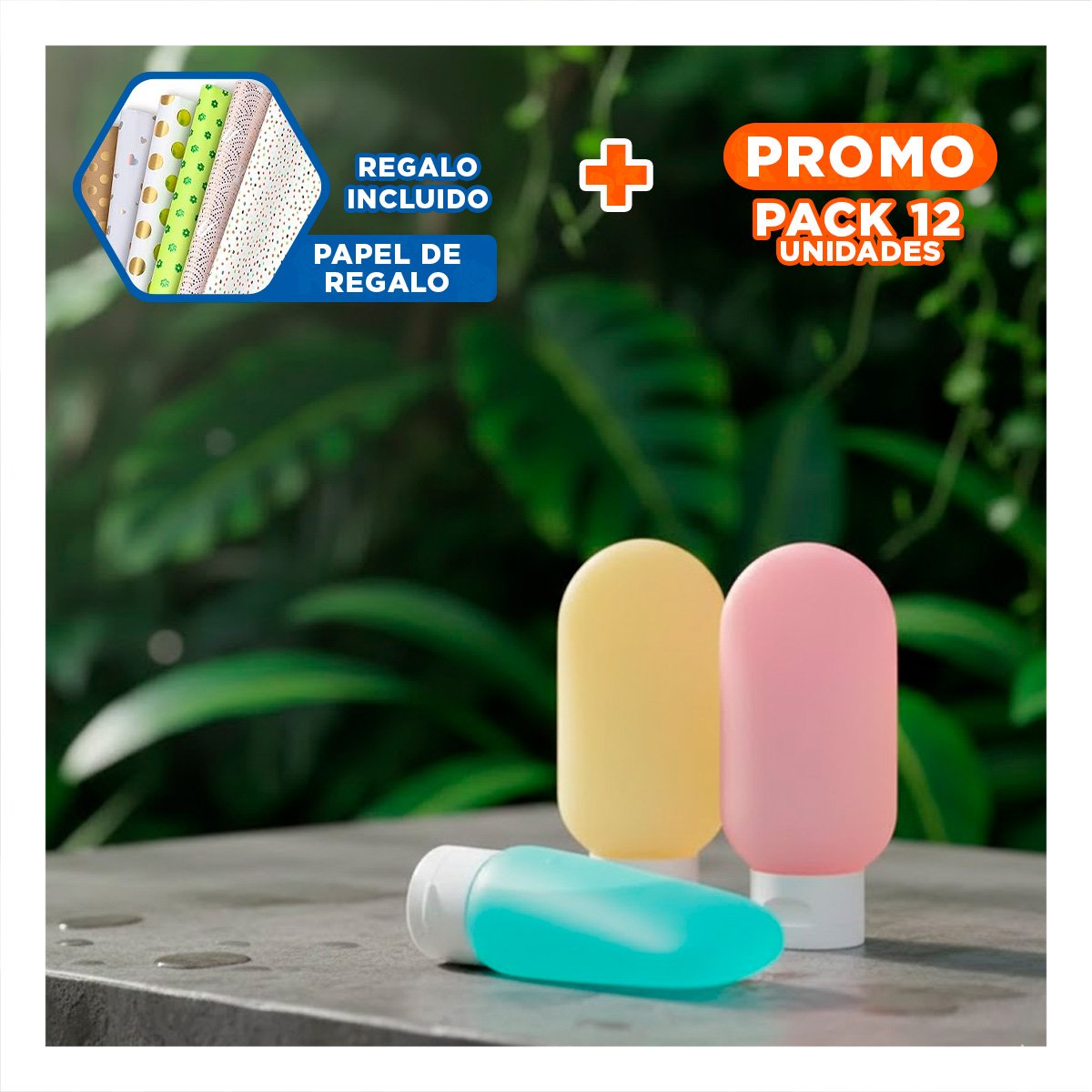 Pack12 Recipientes Personales Recargables y Exprimibles Multicolor 60 ml Jabon Y+Papel Regalo