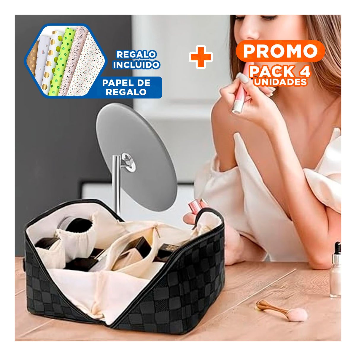 Pack4 Cartuchera Portatil Negra para Cosmeticos con Estilo Moderno Y+Papel Regalo