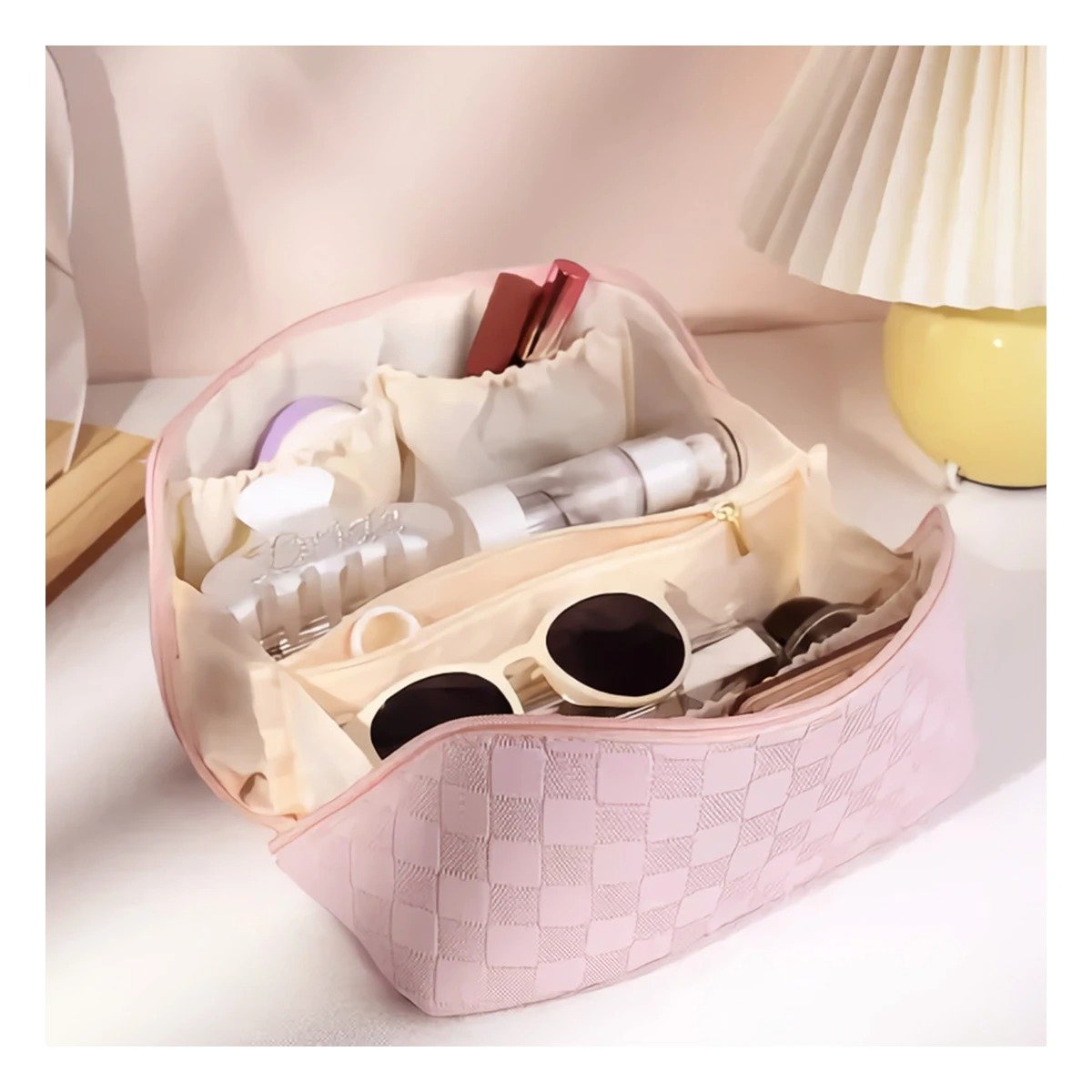 Caja Organizadora Rosada con Diseno de Cuadros Minimalista Y+Ligas Regalo