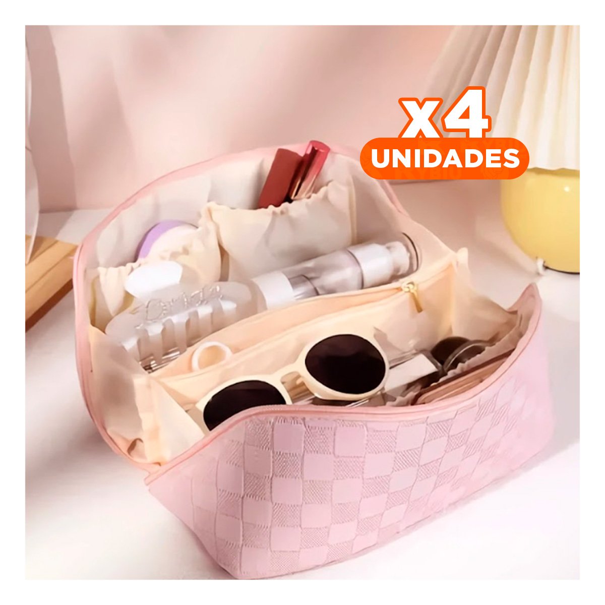 Pack4 Estuche Organizador Rosado con Diseno de Cuadros Minimalista